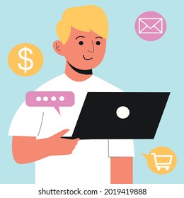  Marketing in social networks. A guy, a blond man holding a laptop in white.