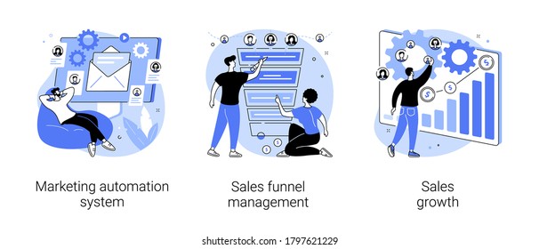 Marketing Software Abstract Concept Vector Illustration Set. Marketing Automation System, Sales Funnel Management, Sales Growth, Crm System, Lead Conversion, Client Database Abstract Metaphor.