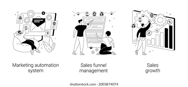 Marketing software abstract concept vector illustration set. Marketing automation system, sales funnel management, sales growth, crm system, lead conversion, client database abstract metaphor.