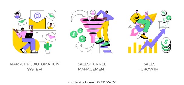 Marketing software abstract concept vector illustration set. Marketing automation system, sales funnel management, sales growth, crm system, lead conversion, client database abstract metaphor.