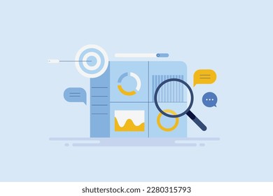 Marketing software with data analysis interface, Digital marketing, Social media analytics showing data report - vector illustration background with icons