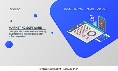 Marketing Software, SAAS, Software as a service, Marketing application, analytics flat 3D isometric vector concept