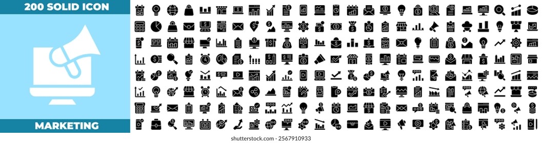 Marketing Solid Editable Icons set. Vector illustration in modern thin Solid style of marketing icons: Communication, advertising, ecommerce, seo, content, product, target audience, etc