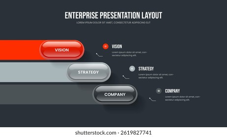 Modelo de apresentação infográfica de 3 etapas da solução de marketing. Projeto de estrutura de diagrama de três opções de proposta de negócios. Ilustração do vetor de layout de slide de visualização digital.