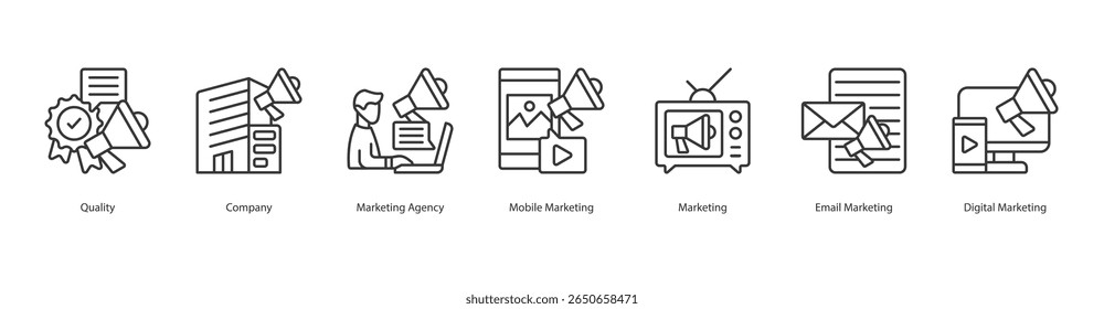 Concepto de Ilustración vectorial del conjunto del icono del Web del Anuncio de la solución del márketing con el icono de la calidad, compañía, agencia, móvil, email marketing, digital