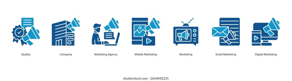 Marketing-Lösung Banner Web-Symbol setzen Vektorgrafik-Konzept mit Symbol für Qualität, Unternehmen, Agentur, mobil, E-Mail, digital