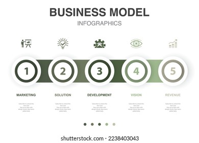 marketing, solución, desarrollo, visión, ingresos, iconos Plantilla de diseño infográfico. Concepto creativo con 5 pasos