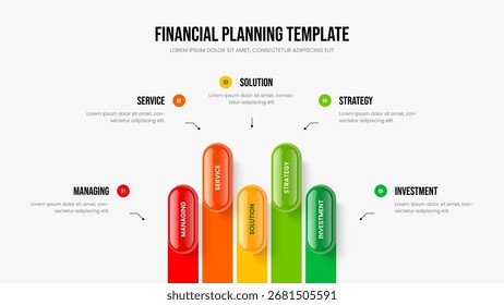 Marketinglösung - Präsentationsvorlage für fünf Optionsdiagramme. Vektorgrafik für das Diadesign der digitalen Planung. Unternehmensübersicht 5 Schritt Infografik Slideshow Layout.