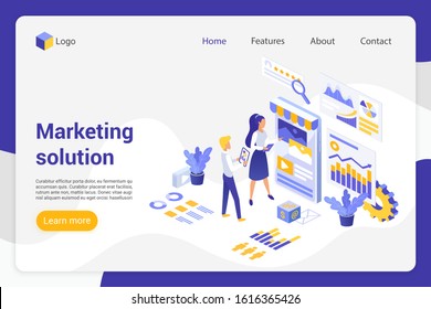 Marketing solution isometric landing page vector template. Analytics department, businessman and businesswoman faceless characters. Product promotion, market analysis web banner homepage design layout