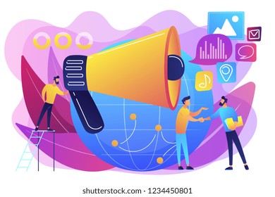 Marketing Specialist With Loudspeaker Influence Businessmen And Globe. Macromarketing, Social Influence, Global Marketing Strategy Concept. Bright Vibrant Violet Vector Isolated Illustration