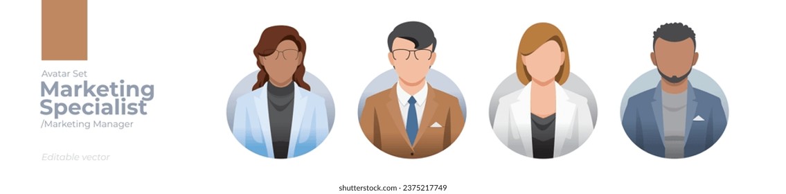 Marketing Specialist picture avatar icons. Illustration of men and women wearing office suit