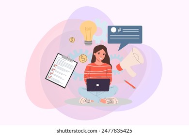 Especialista de marketing Ilustración vectorial con dinero, bombilla, megáfono, lista de verificación en el fondo. Mujer joven que trabaja en la computadora portátil. Marketing digital, concepto freelance