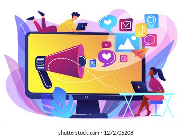 Marketing specialists and computer with megaphone and social media icons. Social media marketing, social networking, internet marketing concept. Bright vibrant violet vector isolated illustration