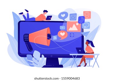 Marketing specialists and computer with megaphone and social media icons. Social media marketing, social networking, internet marketing concept. Pinkish coral bluevector isolated illustration