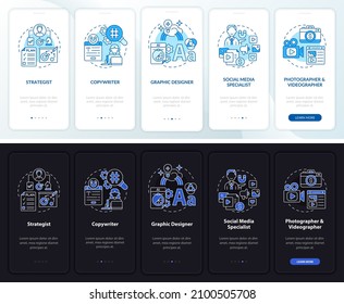 Marketing specialists night and day mode onboarding mobile app screen. Ad walkthrough 5 steps graphic instructions pages with linear concepts. UI, UX, GUI template. Myriad Pro-Bold, Regular fonts used