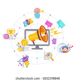 Marketing square concept banner with icons. Marketing mix infographic flat vector illustration. Strategy and management. Segmentation, target audience. Successful positioning of company in market. 