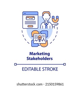 Marketing Stakeholders Concept Icon. Promo Campaign. Type Of Stakeholder Abstract Idea Thin Line Illustration. Isolated Outline Drawing. Editable Stroke. Arial, Myriad Pro-Bold Fonts Used