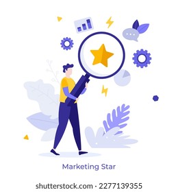 Marketing Star flat concept vector illustration. Analysing customer feedback. Service ranking process character on white for web design. Creative idea for website, mobile and presentation