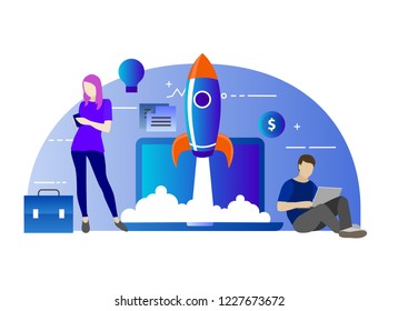 Marketing startup. Vector illustration with rocket launch and laptop on the background. Easy to use and highly customizable