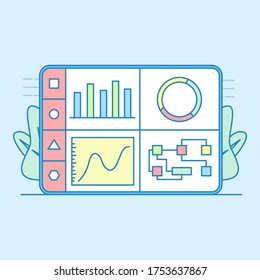 Marketing statistic on tablet screen with light outline style. Vector illustration. Business marketing vector. Ready to use for website, mobile app, presentation and any other projects. EPS10