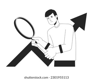 Marketing statistics bw concept vector spot illustration. Moving up growth graph 2D cartoon flat line monochromatic character for web UI design. Data analysis editable isolated outline hero image