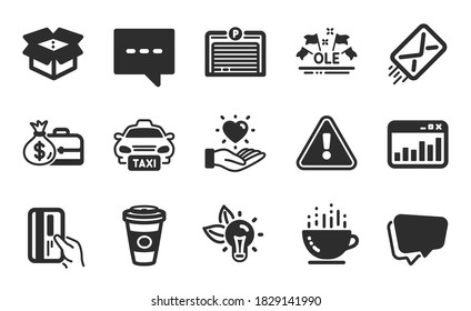 Marketing statistics, Hold heart and Taxi icons simple set. Open box, Payment card and Salary signs. Coffee cup, E-mail and Takeaway coffee symbols. Flat icons set. Vector