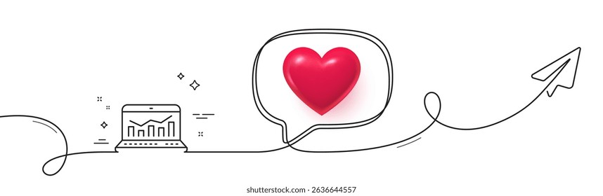 Marketing statistics line icon. Continuous line with share plane. Web analytics symbol. Laptop or Notebook sign. 3d heart in speech bubble. Web analytics single line ribbon. Loop curve pattern. Vector