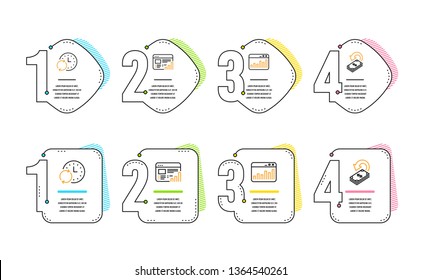 Marketing statistics, Web report and Update time icons simple set. Cashback sign. Web analytics, Graph chart, Refresh clock. Financial transfer. Education set. Infographic timeline. Vector
