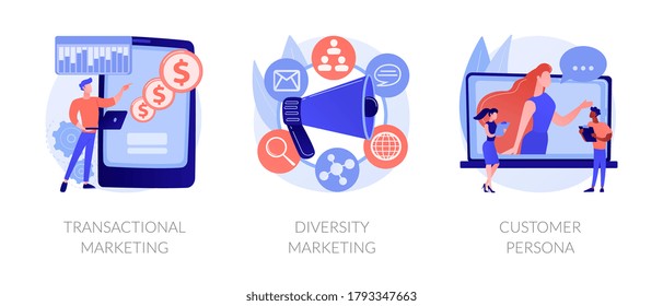 Marketing strategies abstract concept vector illustration set. Transactional and diversity marketing, customer persona, individual sales, customized advertising, target audience abstract metaphor.