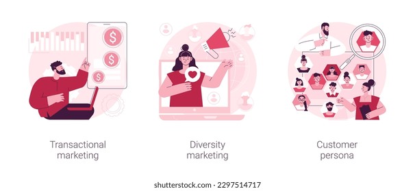 Marketing strategies abstract concept vector illustration set. Transactional and diversity marketing, customer persona, individual sales, customized advertising, target audience abstract metaphor.