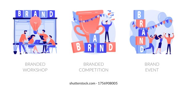 Marketing strategies for company promotion. Marketplace leadership achievement. Branded workshop, branded competition, brand event metaphors. Vector isolated concept metaphor illustrations