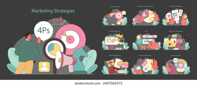 Marketing Strategies concept. Comprehensive guide to effective market penetration and audience targeting. Essential tactics from 4Ps to SEO and influencer outreach. Flat vector illustration.
