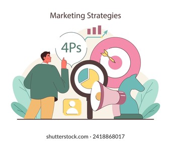 Konzept der Marketingstrategien. Eine visuelle Studie über die 4Ps des Marketings, in der die Strategie für Produktplatzierung und Marktorientierung dargestellt wird. Ein informativer und moderner Marketingplan. Flachvektor