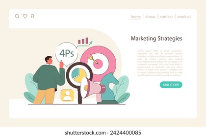 Marketing Strategies concept. A visual study on the 4Ps of marketing, showcasing the strategy behind product placement and market targeting. An informative and modern marketing blueprint.
