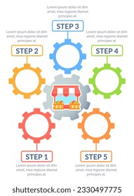 Plantilla de diseño de gráficos de infografía de estrategias de marketing. Venta y publicidad. Resumen de infografía vectorial con espacios de copia en blanco. Gráficos instructivos con secuencia de 5 pasos. Presentación de datos visuales