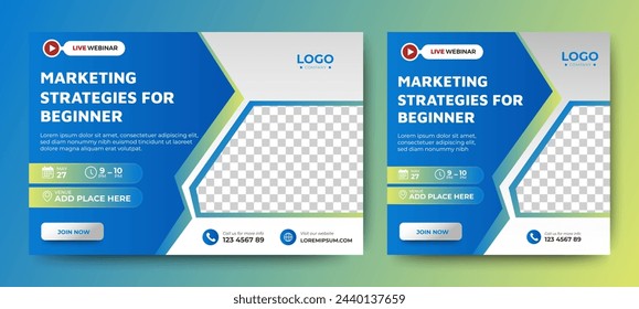 Invitación de banner de seminario web en vivo de Estrategias de marketing y plantilla de publicación de redes sociales. Diseño de invitación de webinar de negocios	