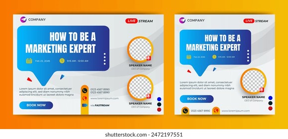 Marketing Strategies live webinar banner invitation and social media post template. Business webinar invitation design. Vector