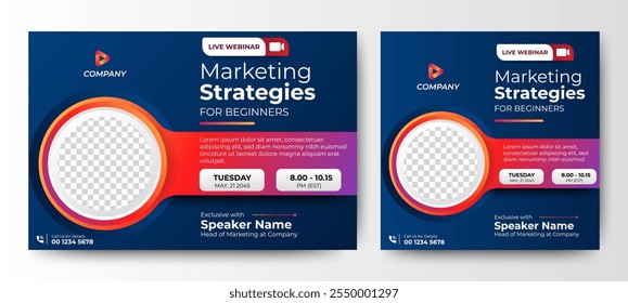 Marketing Strategies live webinar banner invitation and social media post template. Business webinar invitation design. Vector