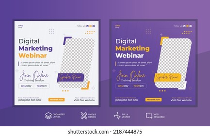 Marketing strategies live webinar invitation post banner and social media post template. Digital marketing webinar post design template