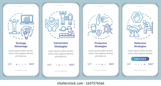 Marketing strategies onboarding mobile app page screen with concepts. Avoiding fraud. Getting deal walkthrough 4 steps graphic instructions. UI vector template with RGB color illustrations