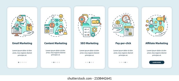 Marketing strategies onboarding mobile app screen. Business promotion walkthrough 5 steps graphic instructions pages with linear concepts. UI, UX, GUI template. Myriad Pro-Bold, Regular fonts used