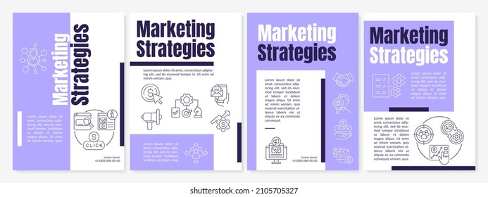 Marketingstrategien violetter Prospektvorlage. Digitale Werbung. Booklet Print-Design mit linearen Symbolen. Vektorgrafiken für Präsentationen, Jahresberichte, Anzeigen. Anton-Regular, verwendete Lato-Regula-Schriftarten