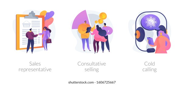 Marketing strategies. Sales promotion activities, customer support and advertising. Sales representative, consultative selling, cold calling metaphors. Vector isolated concept metaphor illustrations.