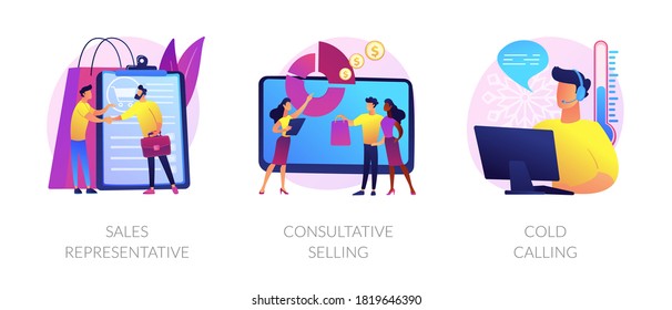 Marketing strategies. Sales promotion activities, customer support and advertising. Sales representative, consultative selling, cold calling metaphors. Vector isolated concept metaphor illustrations.