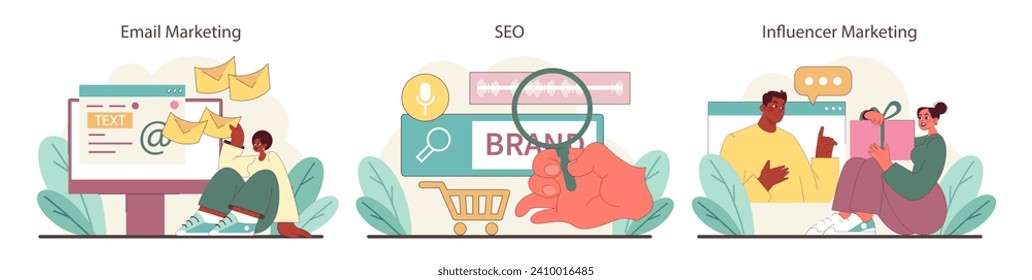 Marketing Strategies set. Dynamic illustrations of email campaigns, SEO optimization, and influencer partnerships, depicting digital marketing tactics. Tools for engaging today's online consumer