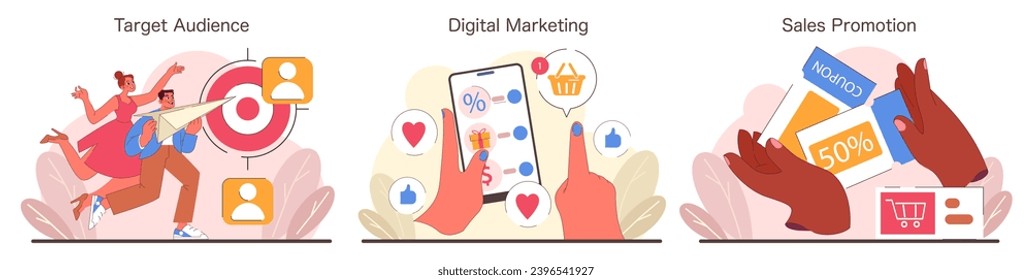 Marketing strategies set. Engaging target audience, driving digital marketing, and boosting sales with promotions. Strategies to attract, engage, and convert customers. Flat vector illustration