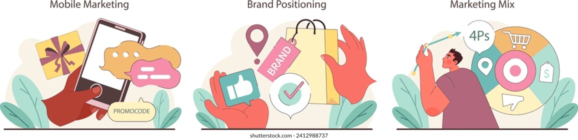 Marketing Strategies set. Engaging visuals on mobile outreach, establishing brand identity, and integrating marketing elements. Crafting personalized user experiences in a digital era. Flat vector