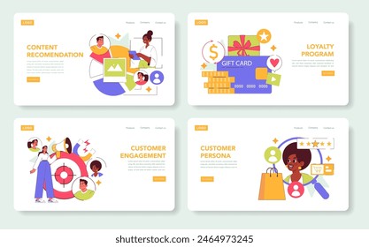 Marketing strategies set. Illustrated content recommendation, loyalty program, customer engagement, and persona concepts. Vector illustration.