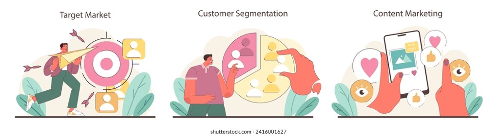 Marketing Strategies set. Visual scenarios of targeting, segmenting, and engaging in the digital realm. Insights into market precision, customer diversity, and content appeal. Flat vector illustration