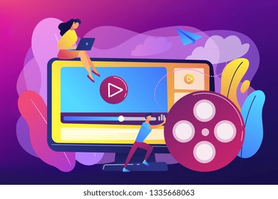 Marketing strategist with laptop working with video content. Video content marketing, video marketing strategy, digital marketing tool concept. Bright vibrant violet vector isolated illustration